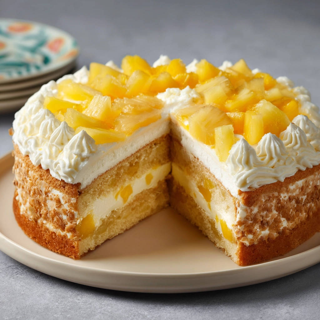 Ananas-Sahne-Kuchen angeschnitten, der saftige Genuss mit sichtbaren Fruchtstücken und Sahnetuffs wird enthüllt.
