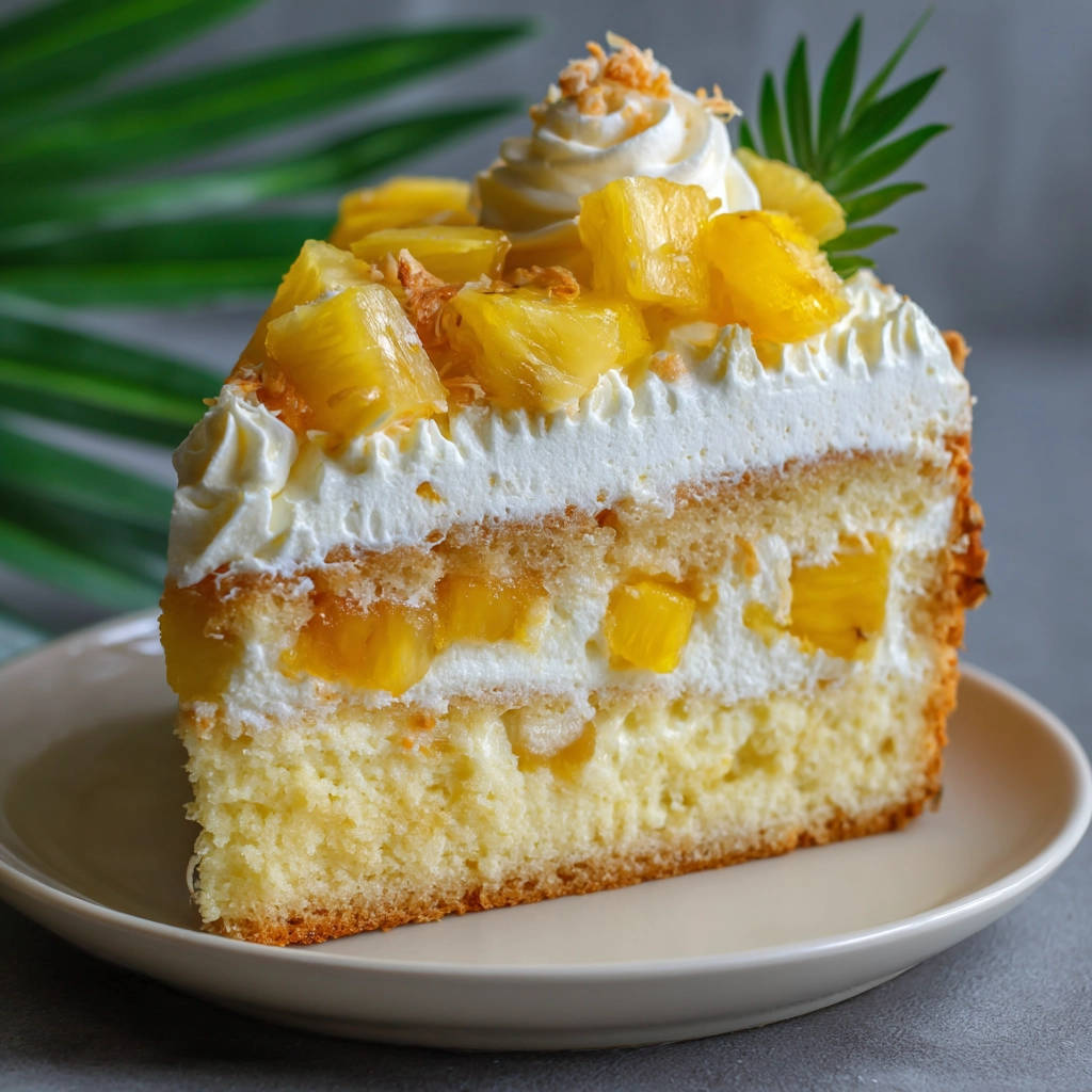 Ananas-Sahne-Kuchen als angeschnittene Scheibe mit saftigen Ananasstücken und Sahnefüllung auf einem Teller.