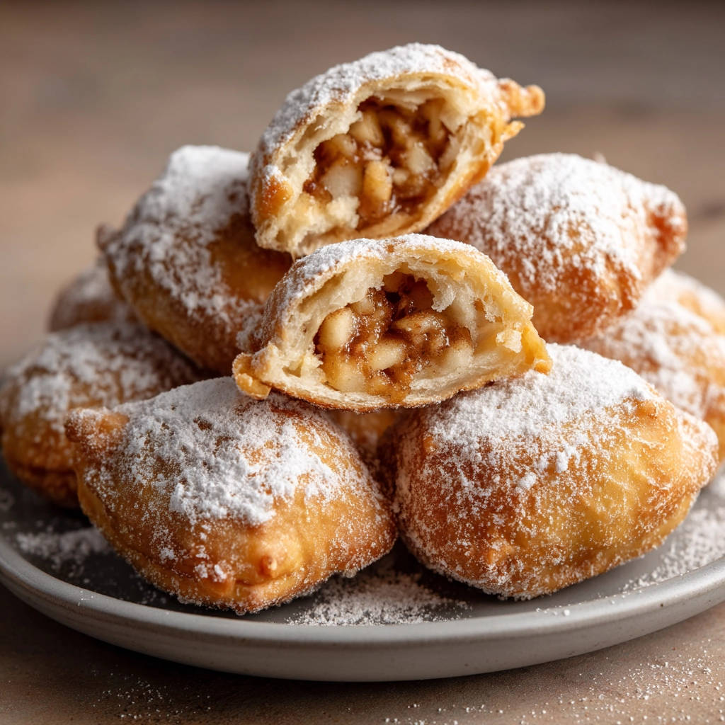 Apfel-Karamell-Bällchen angeschnitten, die das saftige karamellisierte Apfelfüllung im knusprigen Teigmantel zeigen.