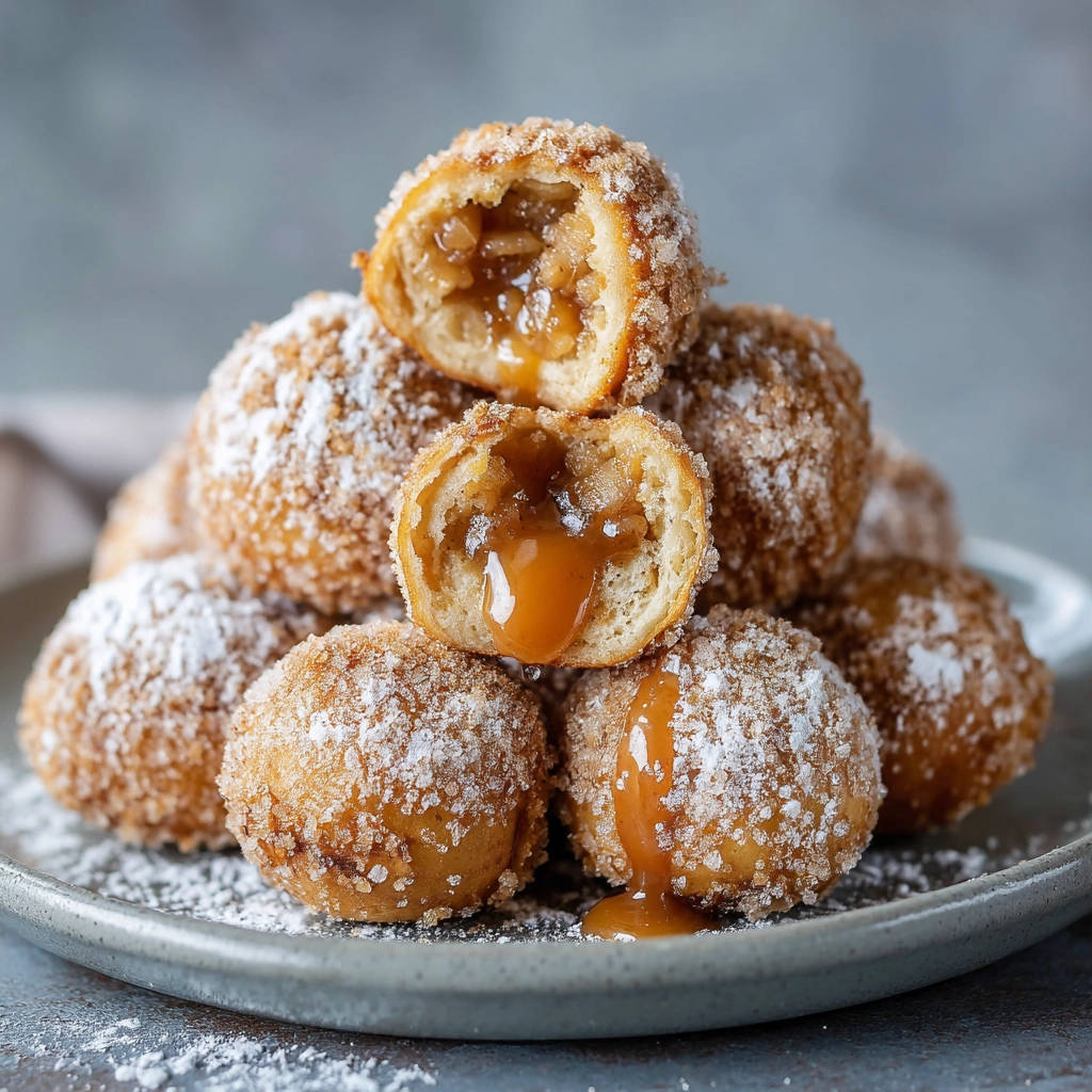 Apfel-Karamell-Bällchen angeschnitten, mit flüssiger Karamellsauce und Puderzucker bestäubt, detailreiche Nahaufnahme.