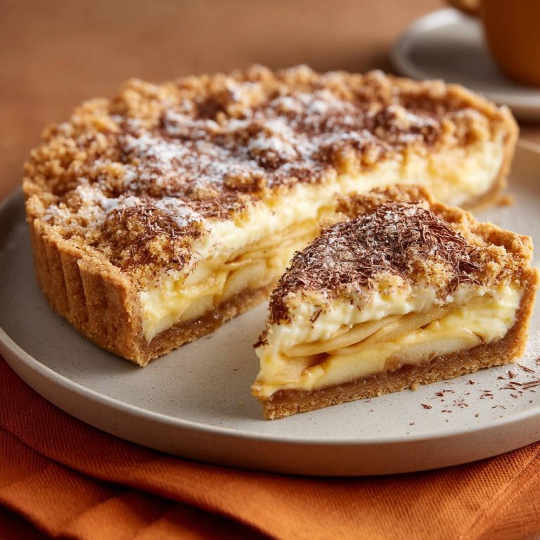 Apfel-Streuseltarte mit Vanillecreme angeschnitten, mit Schokostreuseln und Puderzucker bestreut auf einem Teller