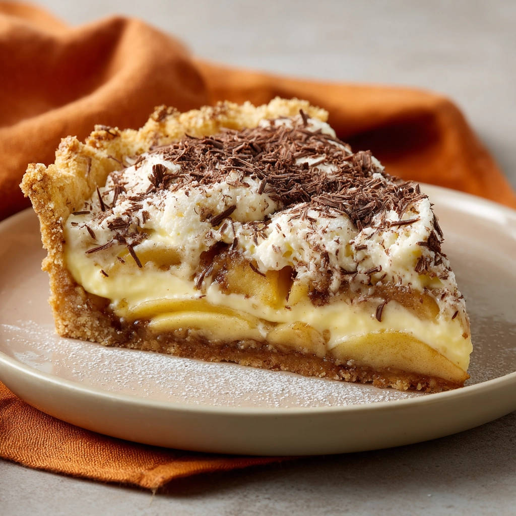 Apfel-Streuseltarte mit Vanillecreme als angeschnittene Nahaufnahme auf einem Teller mit Schokoladenraspeln garniert.