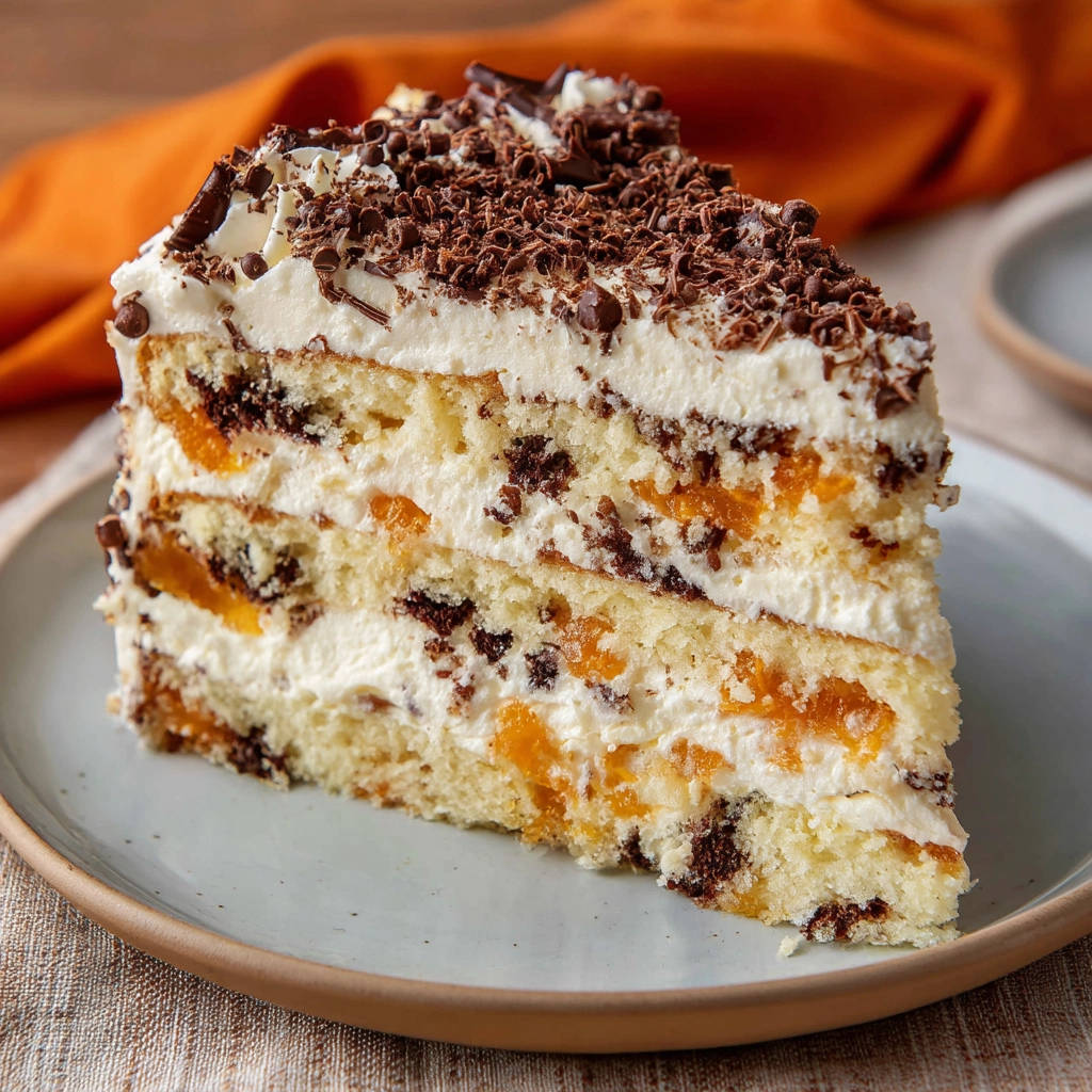 Aprikosen-Sahne-Schichtkuchen angeschnitten auf einem Teller, zeigt die saftigen Schichten von Kuchen, Sahne und Aprikosen.