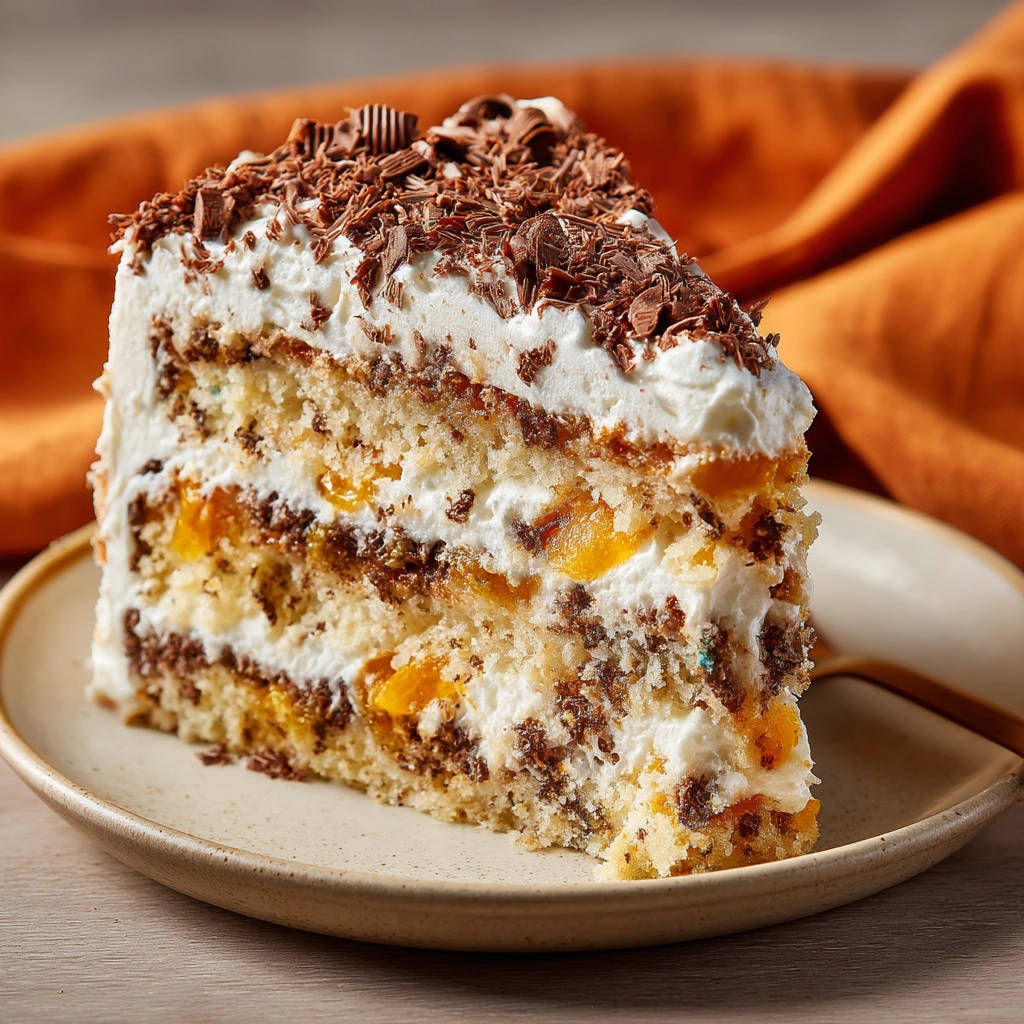 Aprikosen-Sahne-Schichtkuchen angeschnitten auf einem Teller, mit Schokoladenraspeln und Sahne garniert, zeigt die einzelnen Schichten.