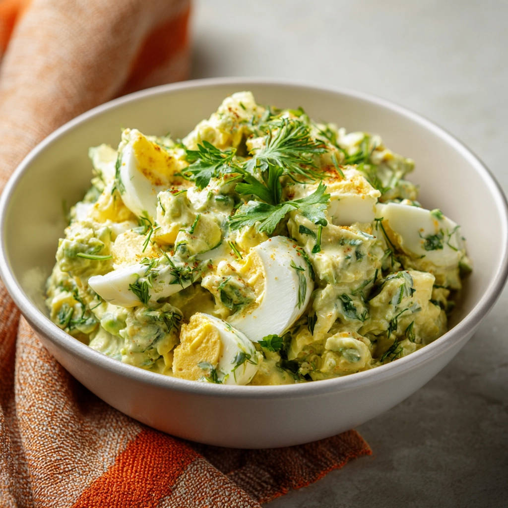 Avocado-Eiersalat, nahaufnahme eines cremigen Salats mit gekochten Eiern und frischen Kräutern garniert.