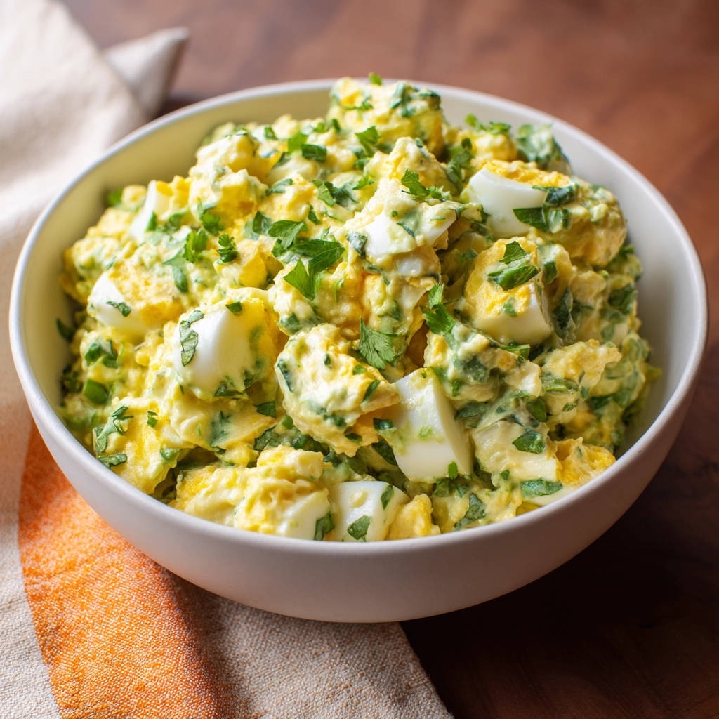 Avocado-Eiersalat cremig und nie wässrig in einer weißen Schüssel mit frischer Petersilie garniert, Nahaufnahme
