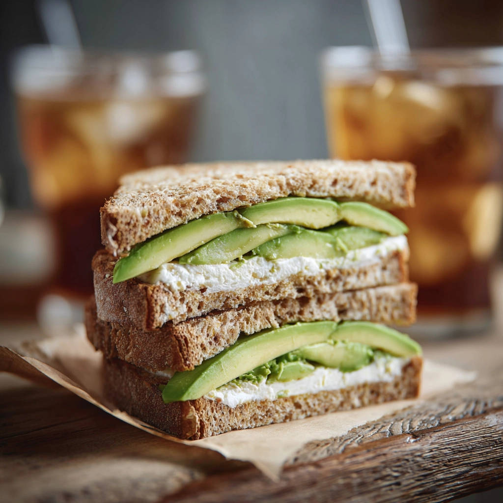 Schnelles Avocado Sandwich im Querschnitt mit Frischkäse und Scheiben von reifer Avocado auf rustikalem Holz