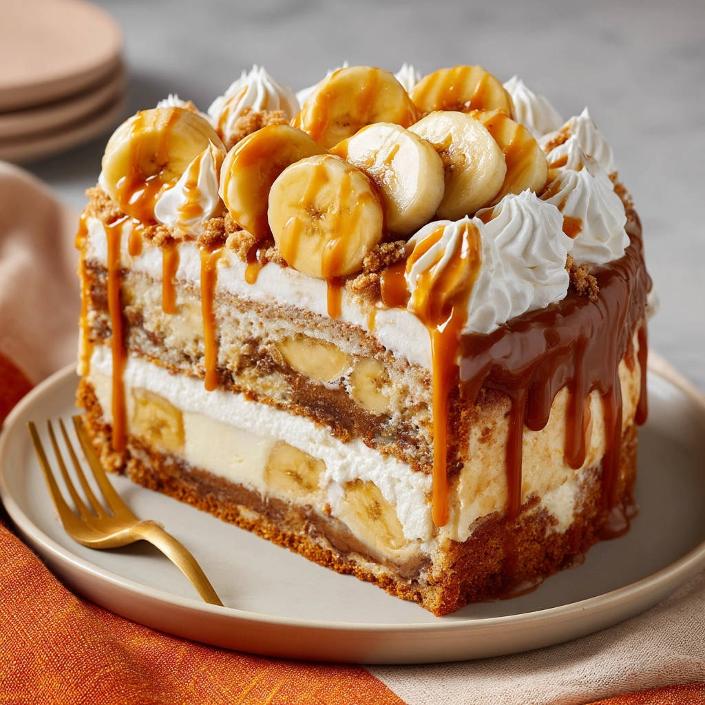 Bananen-Karamell Schichtkuchen angeschnitten mit Karamellglasuren und Bananenscheiben, serviert auf einem Teller mit einer goldenen Gabel.