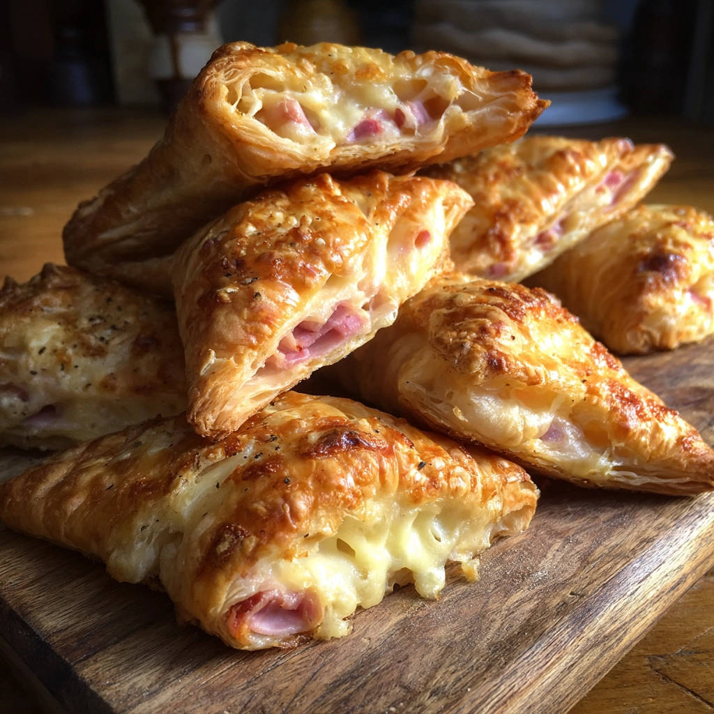 Blätterteig-Stangen mit Schinken und Käse angeschnitten, die den geschmolzenen Käse und die Füllung im Inneren zeigen.