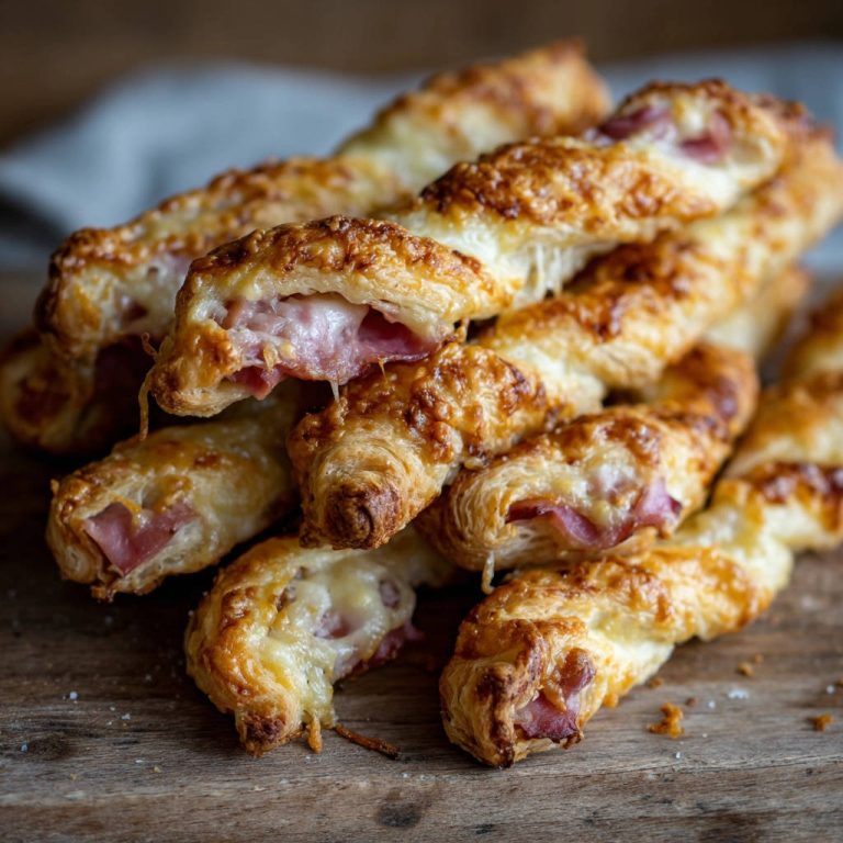 Blätterteig-Stangen mit Schinken und Käse, angeschnitten und zeigen den geschmolzenen Käse im Inneren.