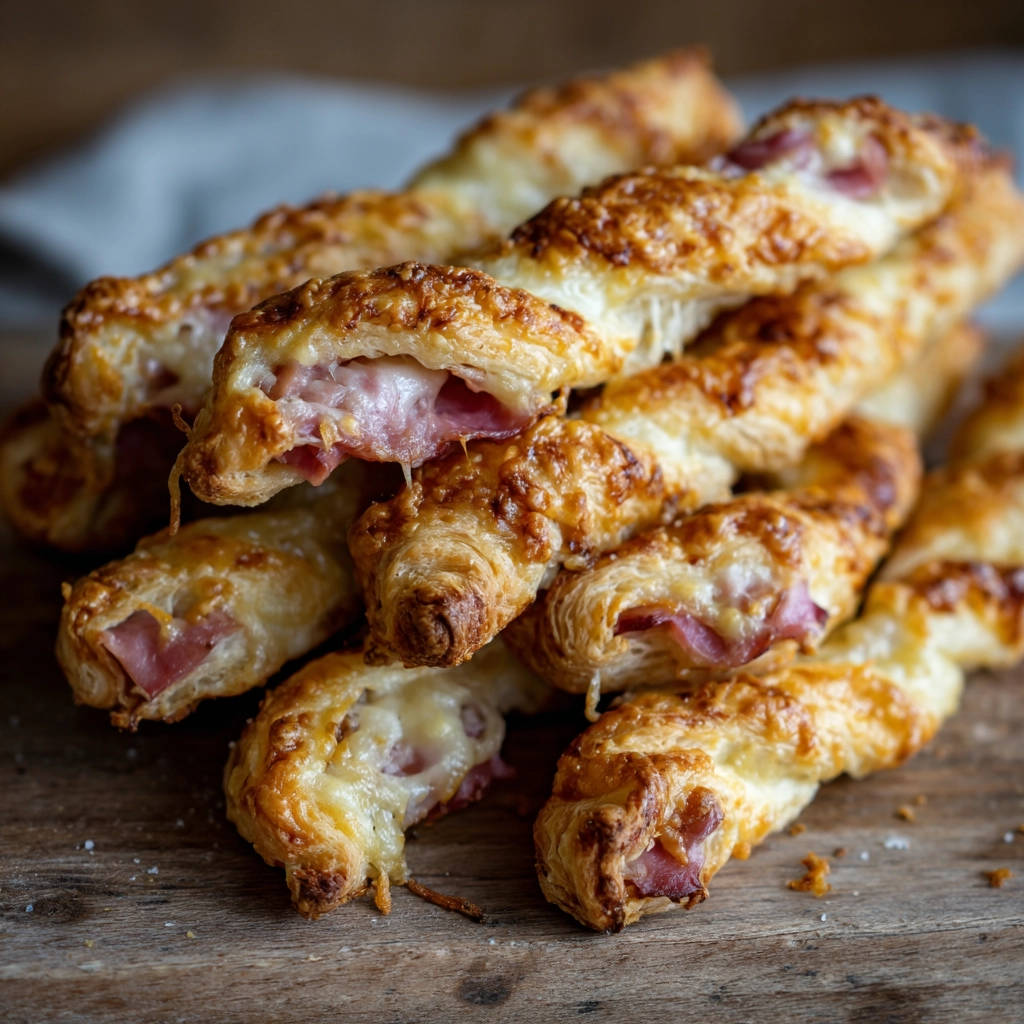 Blätterteig-Stangen mit Schinken und Käse, angeschnitten und zeigen den geschmolzenen Käse im Inneren.