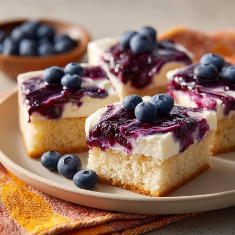 Blaubeer-Schnitten mit Frischkäse-Topping, Nahaufnahme von vier saftigen Kuchenstücken mit Blaubeeren und Fruchtsauce.