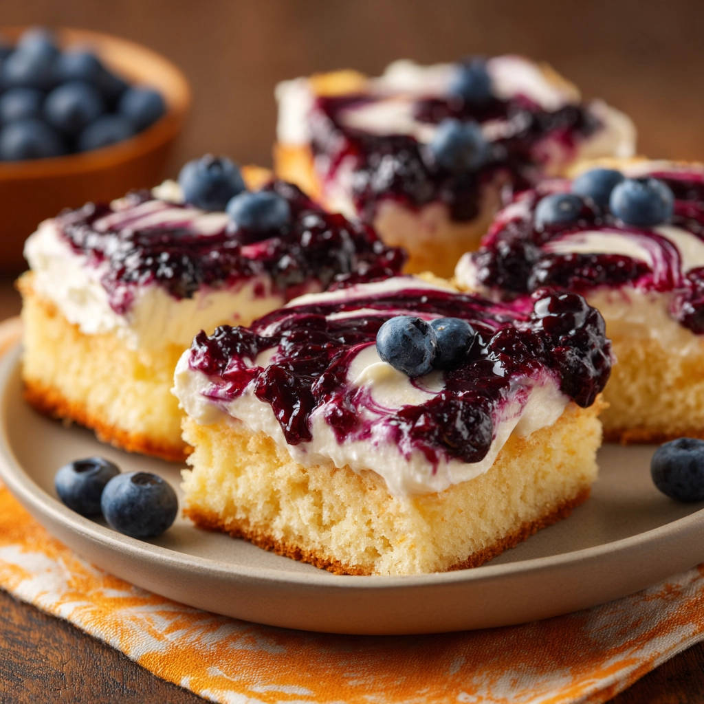 Blaubeer-Schnitten mit Frischkäse-Topping, Nahaufnahme mit frischen Blaubeeren garniert und Blaubeersauce überzogen.