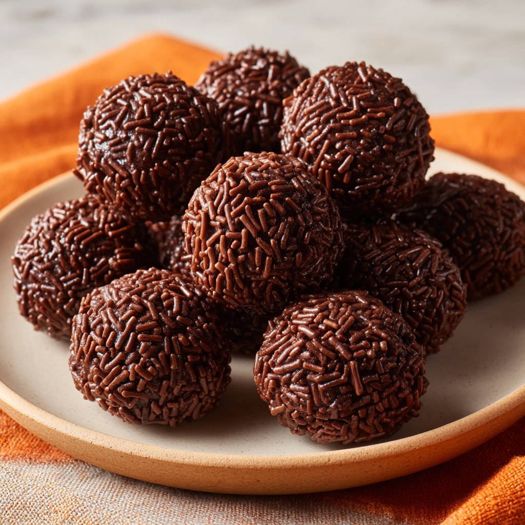 Brigadeiros Rezept mit vielen Schokoladenstreuseln in einer Nahaufnahme auf einem Teller serviert.