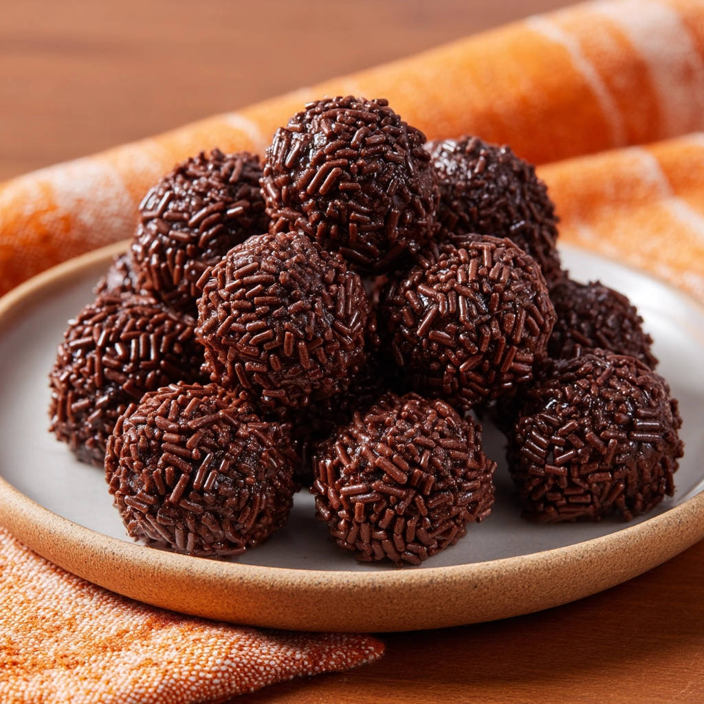 Brigadeiros als Nahaufnahme mit vielen Schokoladenstreuseln auf einem Teller, die auf einer orangen Serviette liegen.