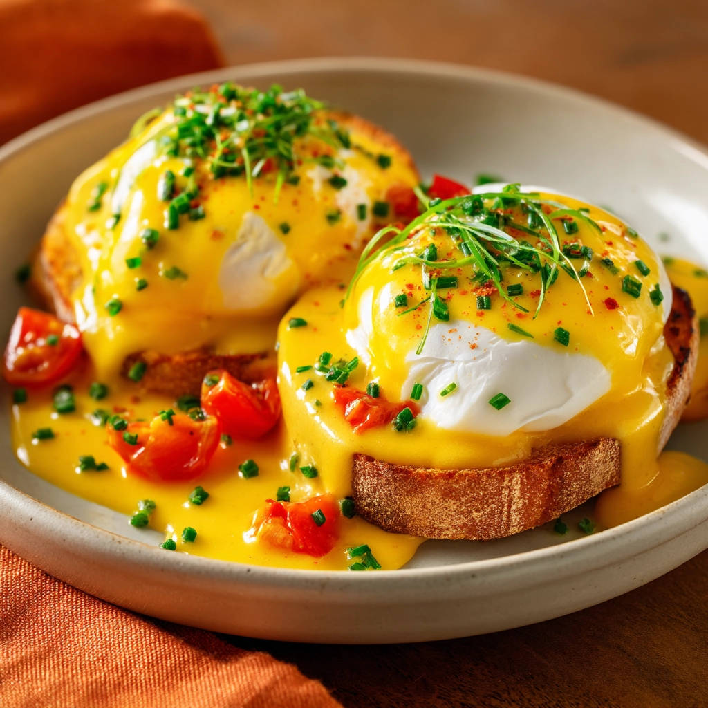 Brunch Brot mit pochiertem Ei und Hollandaise, garniert mit Schnittlauch und Tomatenstücken auf geröstetem Brot.