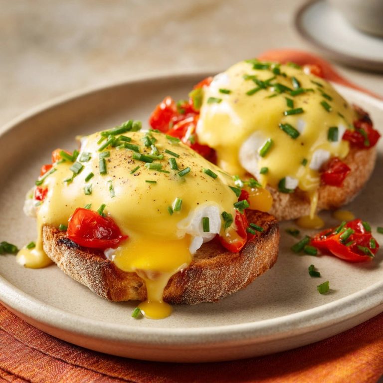 Brunch Brot mit pochiertem Ei & Hollandaise, hier als Nahaufnahme mit flüssigem Eigelb und frischen Kräutern auf geröstetem Brot serviert.
