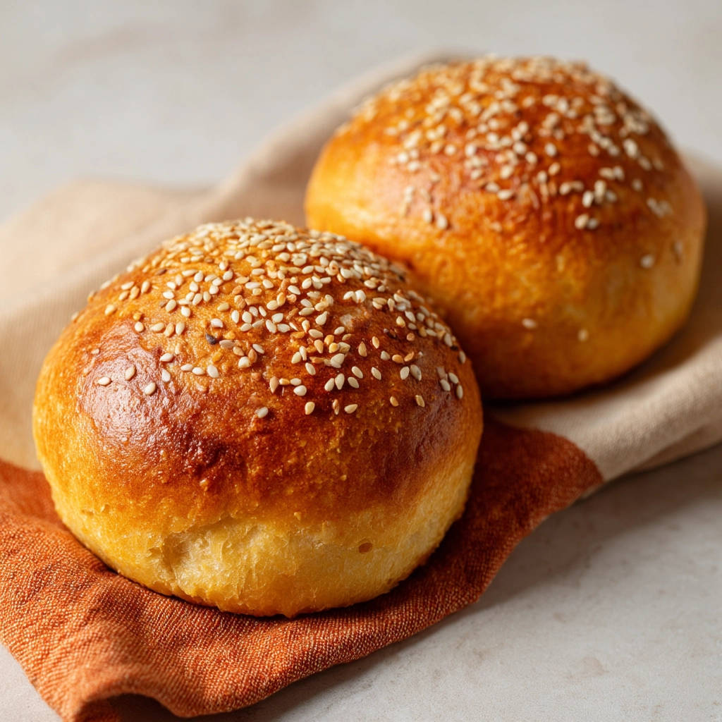 Saftige Burger Brötchen, frisch gebacken und mit Sesam bestreut, in einer Nahaufnahme auf einem Küchentuch.