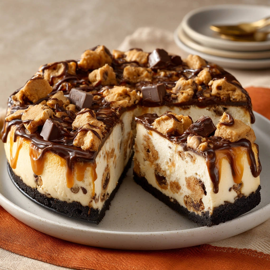 Cheesecake mit Cookie Dough und Schokoriegeln, angeschnitten mit Schokoladen- und Karamellglasur, zeigt das cremige Innere.