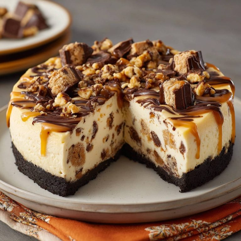 Cheesecake mit Cookie Dough und Schokoriegeln, angeschnitten und mit Karamell und Schokosoße garniert auf einem Teller