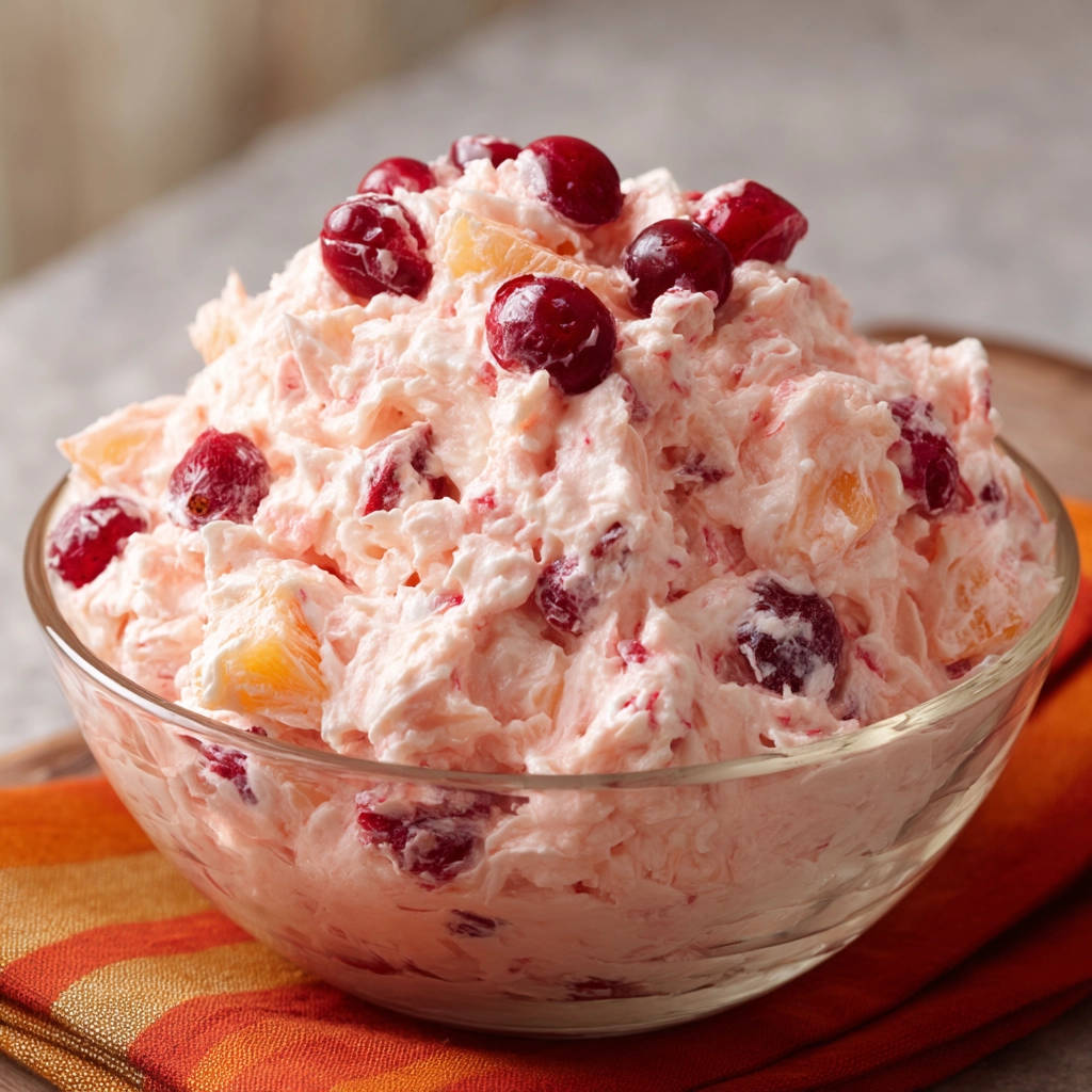 Cranberry-Sahne-Traum garniert mit frischen Beeren in einer Glasschüssel, Nahaufnahme der cremigen Textur und Fruchtstücke.