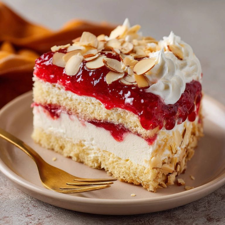 Cremetorte mit Beeren-Gelee und Mandeln als Anschnitt auf einem Teller, mit einem goldenen Löffel daneben.