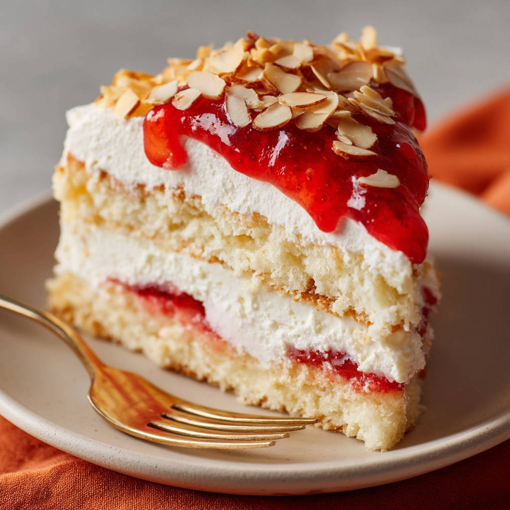 Cremetorte mit Beeren-Gelee und Mandeln, ein angeschnittenes Stück auf einem Teller mit einer goldenen Gabel daneben.
