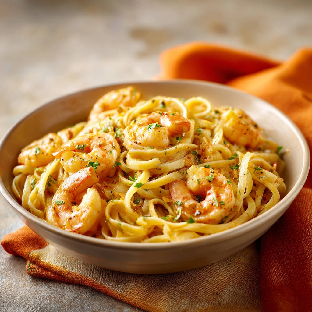 Cremige Garnelen-Fettuccine serviert in einer Schüssel mit Garnelen und Petersilie, nahaufnahme