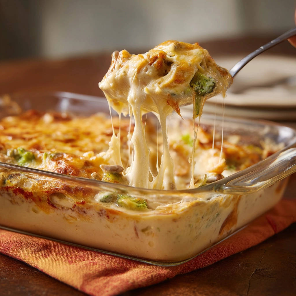 Cremiges Kartoffelgratin mit geschmolzenem Käse, der Fäden zieht, aus einer Auflaufform geschöpft.