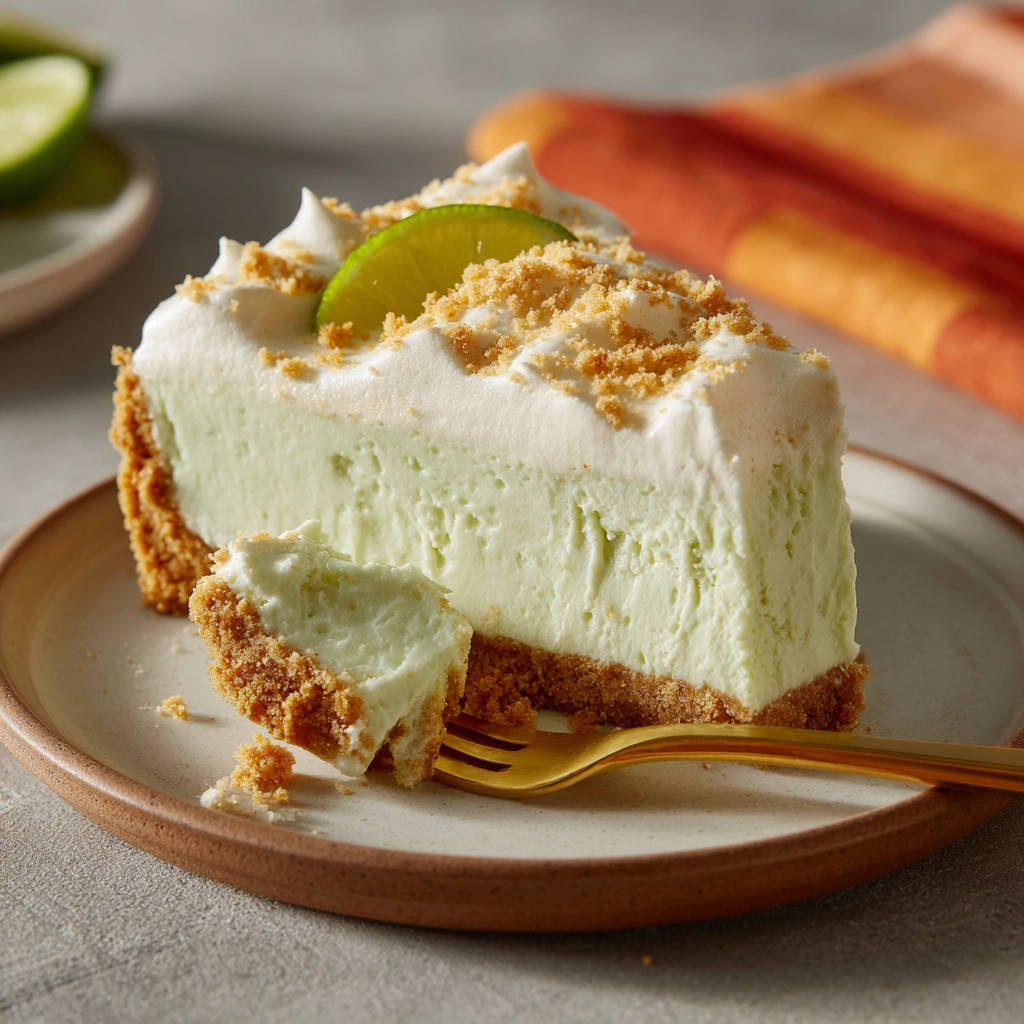 Cremige Limetten-Tarte ohne Backen, angeschnitten mit einer Gabel, die eine cremige Füllung und einen Keksboden zeigt.