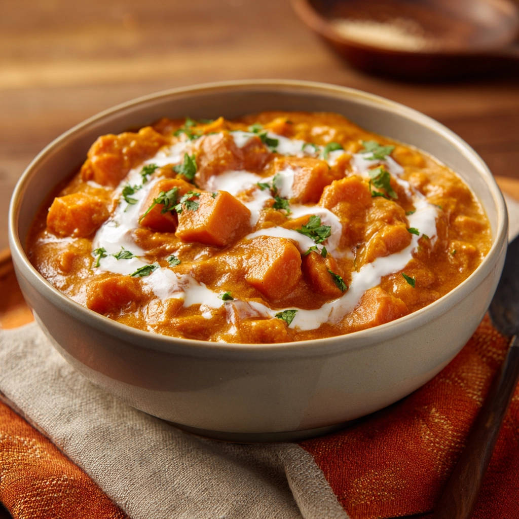 Cremiges Süßkartoffel-Curry, garniert mit einem Klecks Kokosmilch und frischer Petersilie, in einer Schüssel serviert.