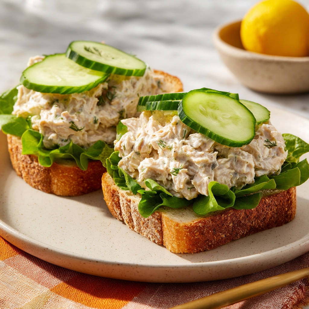 Cremiger Thunfischsalat auf geröstetem Brot, garniert mit Gurkenscheiben und Salat, serviert auf einem Teller.