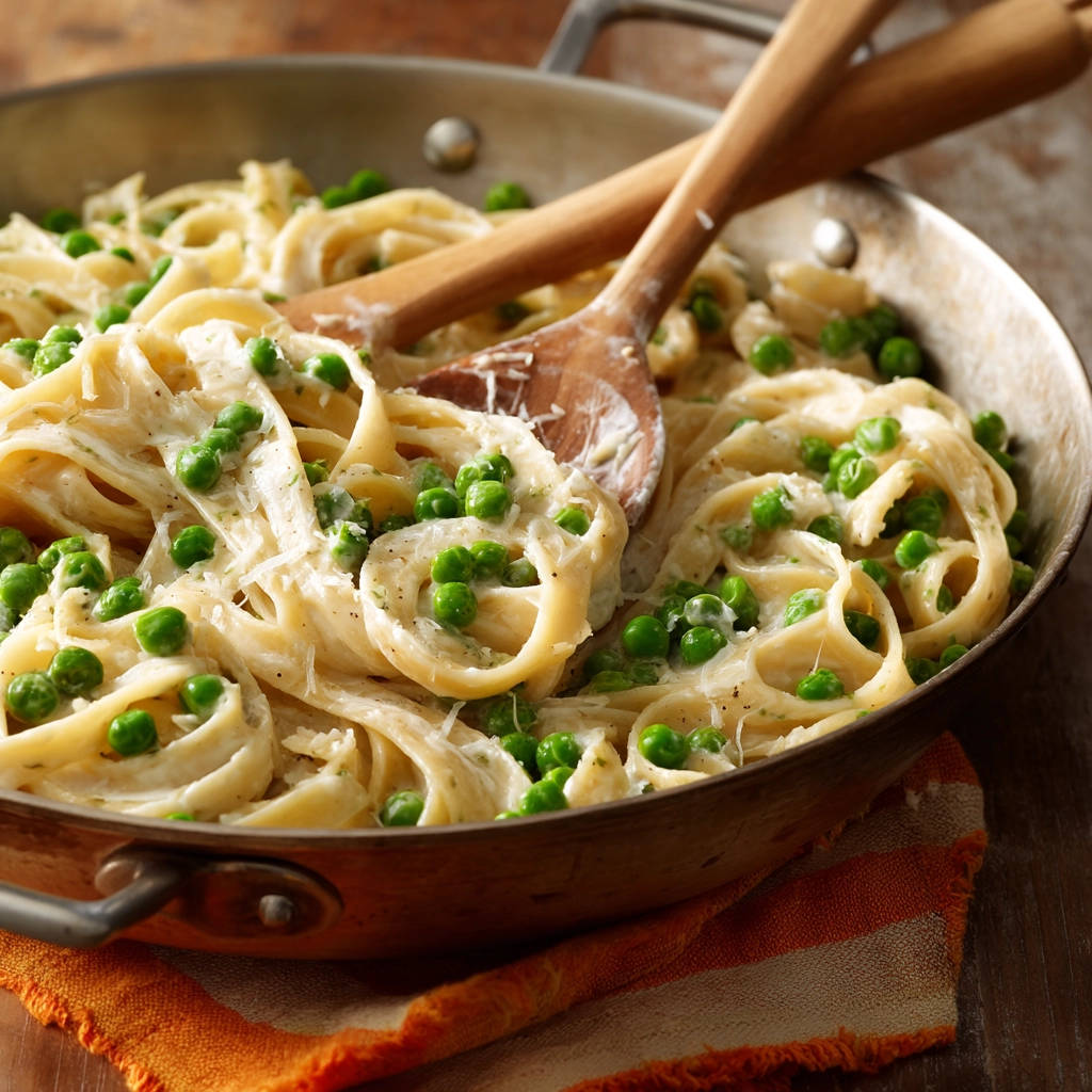 Cremige Fettuccine mit Erbsen in einer Pfanne mit Holzlöffeln, Nahaufnahme des Gerichts