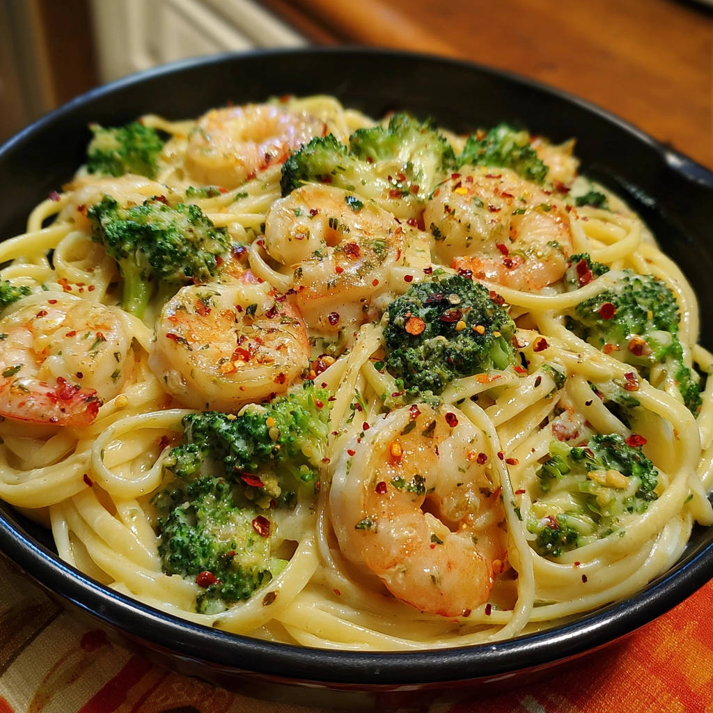 Cremige Garnelen Brokkoli Pasta, eine Nahaufnahme des Nudelgerichts mit Garnelen und Brokkoli, bestreut mit Chiliflocken.