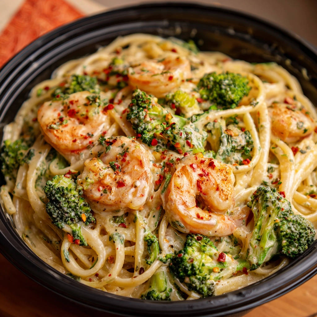Cremige Garnelen Brokkoli Pasta als Nahaufnahme mit Garnelen, Brokkoli und Nudeln in cremiger Sauce, bestreut mit Chiliflocken.