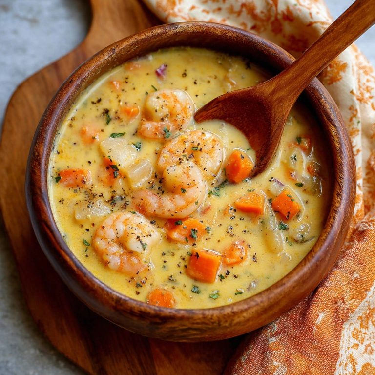 Cremige Garnelen-Gemüse-Suppe mit einem Holzlöffel, nahaufnahme von Garnelen und Karotten in einer Holzschale.