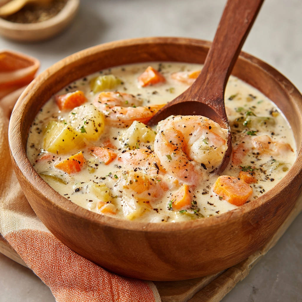 Cremige Garnelen-Gemüse-Suppe mit einem Holzloeffel, Nahaufnahme der Garnelen und Gemuesestuecke in der Suppe.