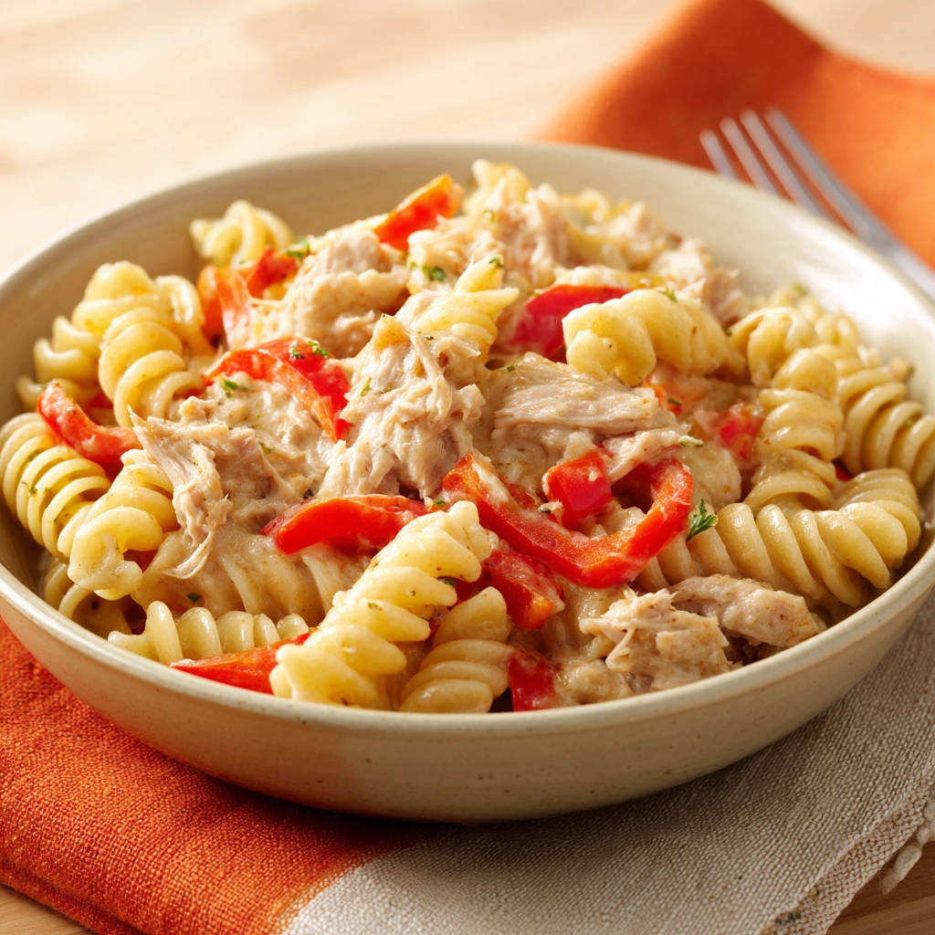 Cremige Hähnchen-Pasta mit Paprika, serviert in einer Schüssel mit Spiralnudeln und roten Paprikastreifen.