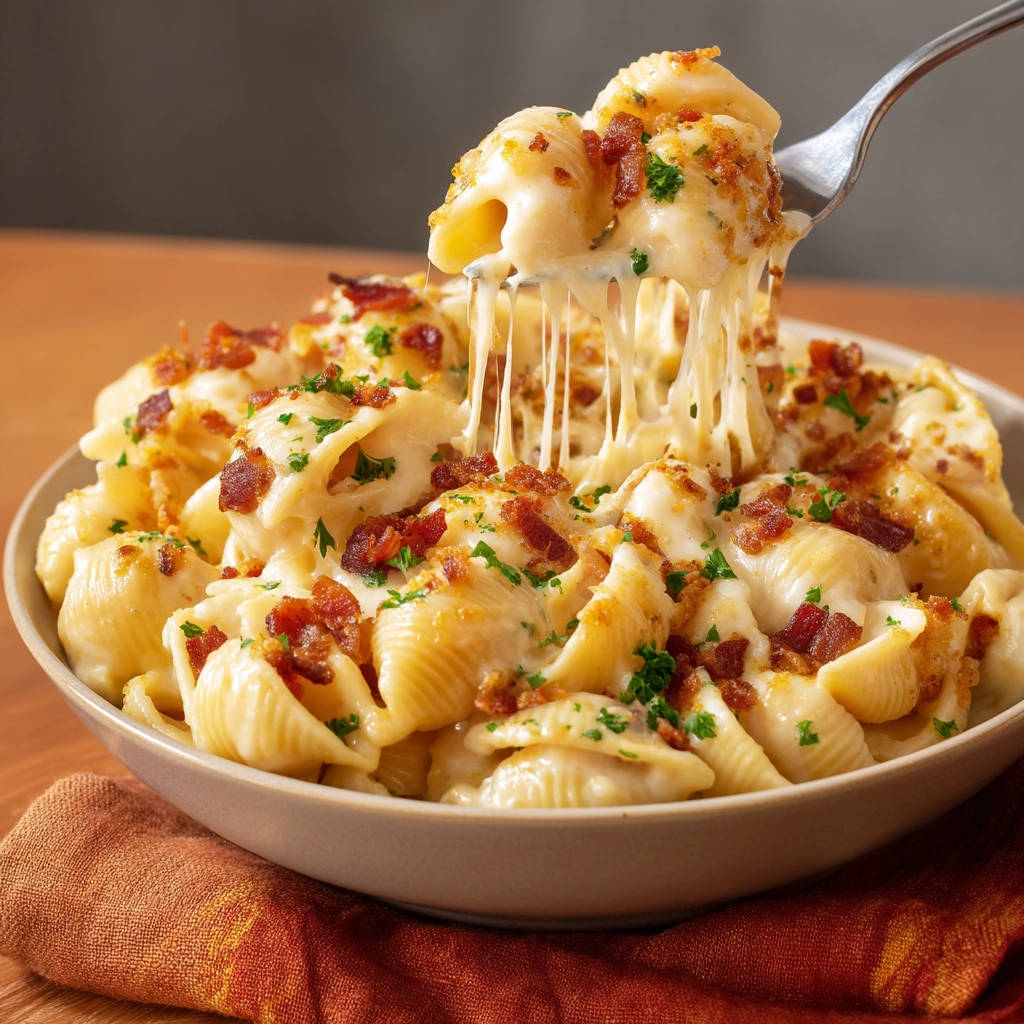 Cremige Käse-Pasta mit Speck, bei der sich der geschmolzene Käse in langen Fäden von der Gabel zieht.