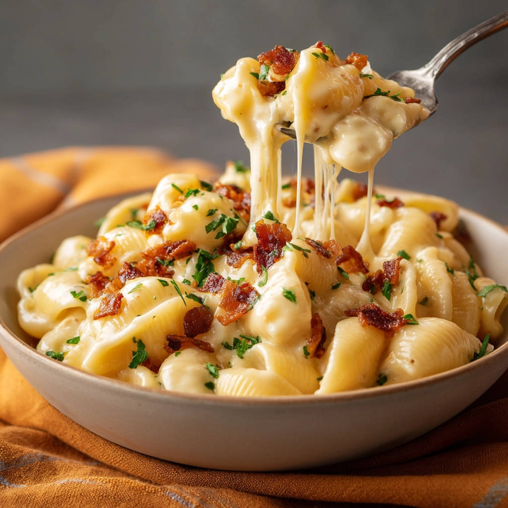 Cremige Käse-Pasta mit Speck, eine Nahaufnahme zeigt, wie ein Löffel die dampfende Pasta mit langen Käsefäden heraushebt.