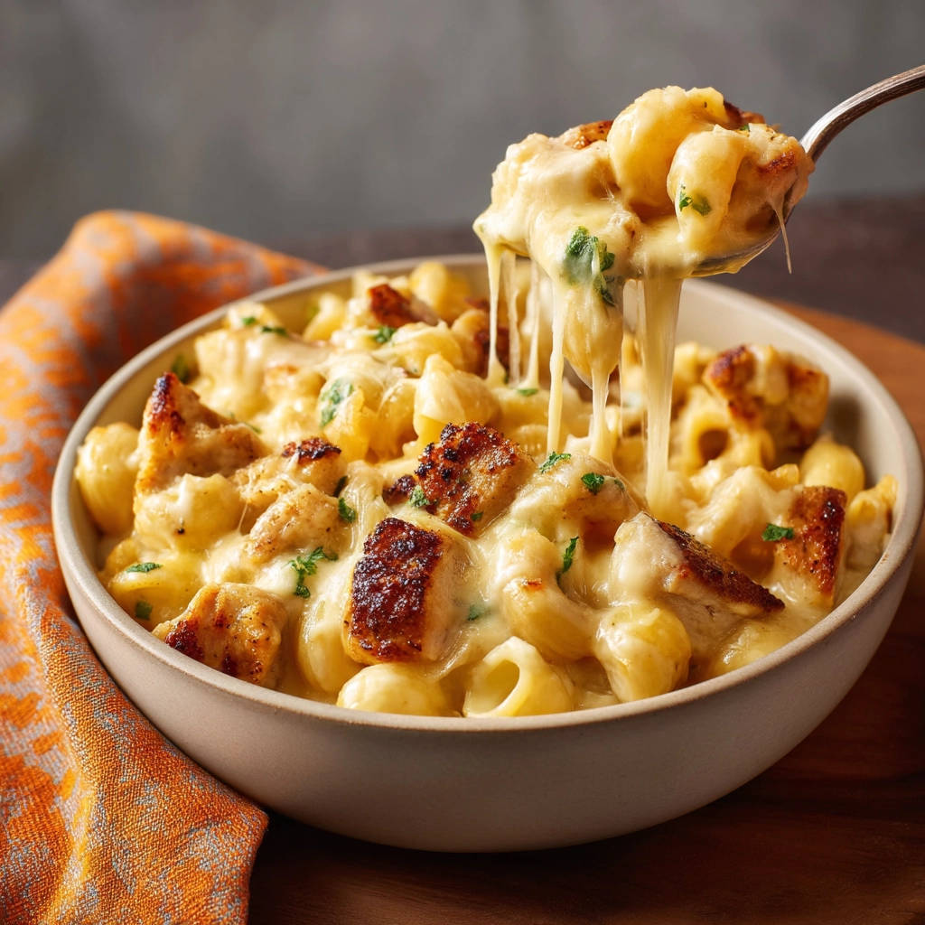 Cremige Mac & Cheese mit Hähnchen, eine Gabel zieht Fäden von geschmolzenem Käse aus der Schüssel.