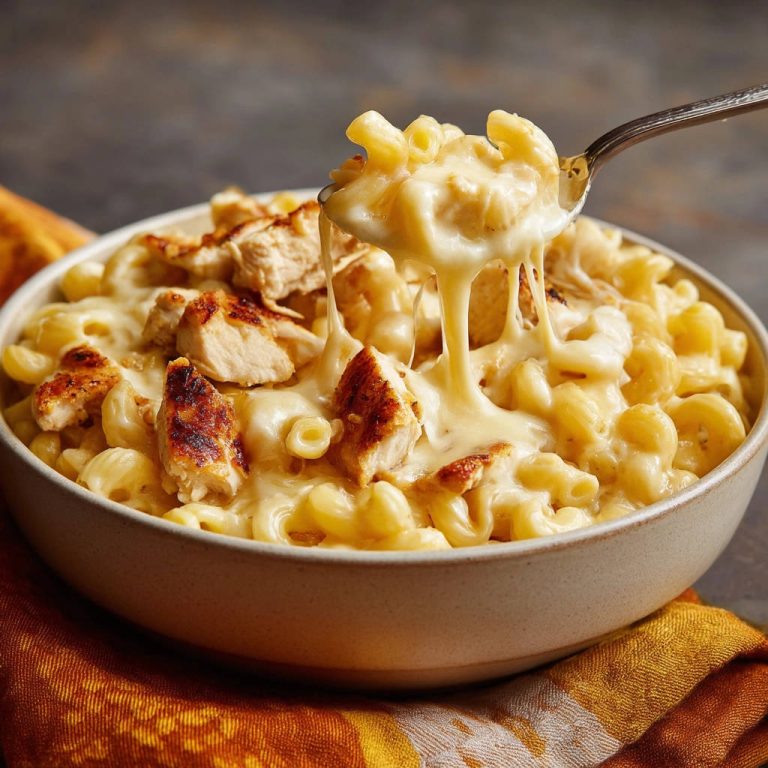 Cremige Mac & Cheese mit Hähnchen als Nahaufnahme mit sichtbarem Käsefluss von der Gabel.