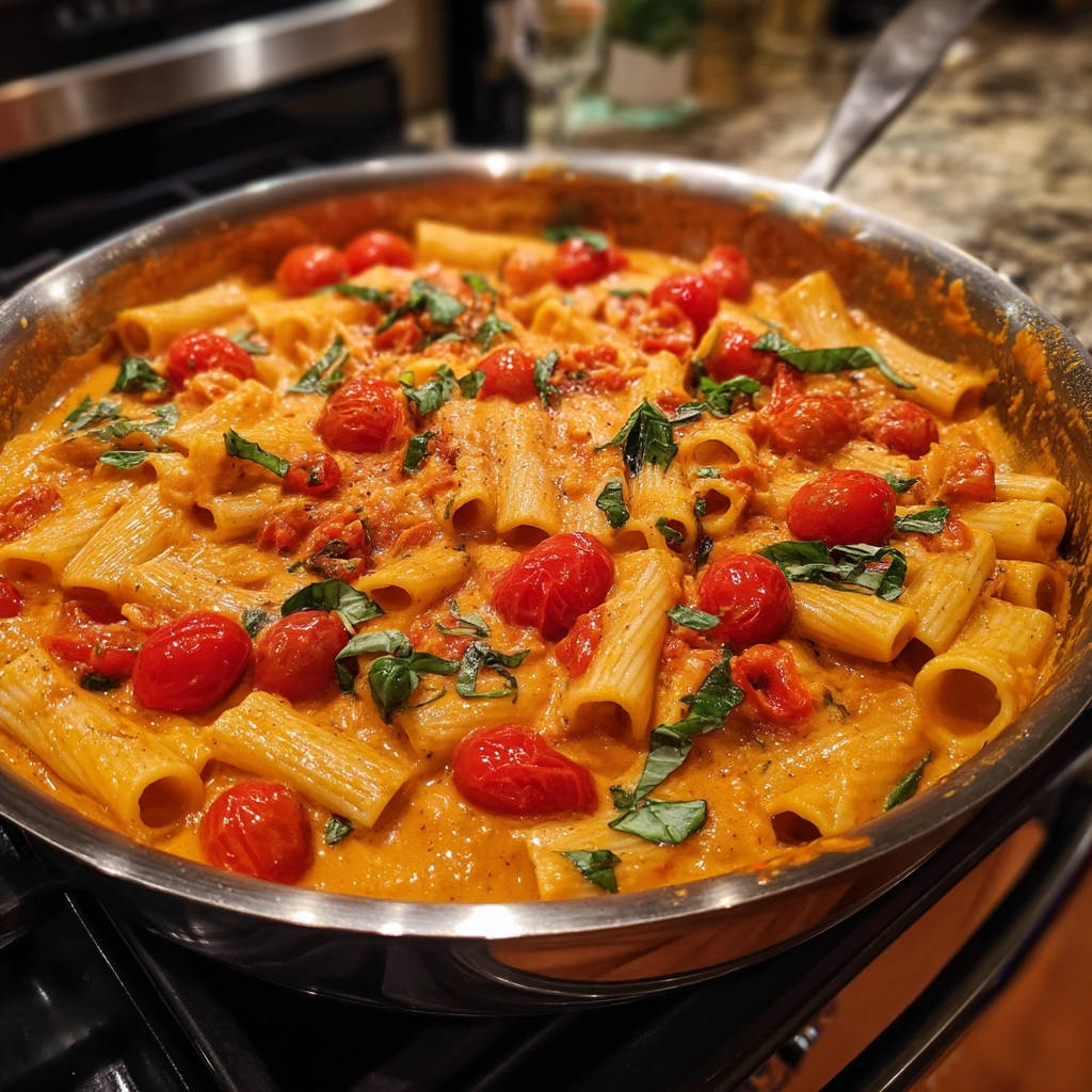 Cremige Tomatensoße Pasta mit Kirschtomaten, serviert in einer Edelstahlpfanne mit frischem Basilikum, Nahaufnahme.