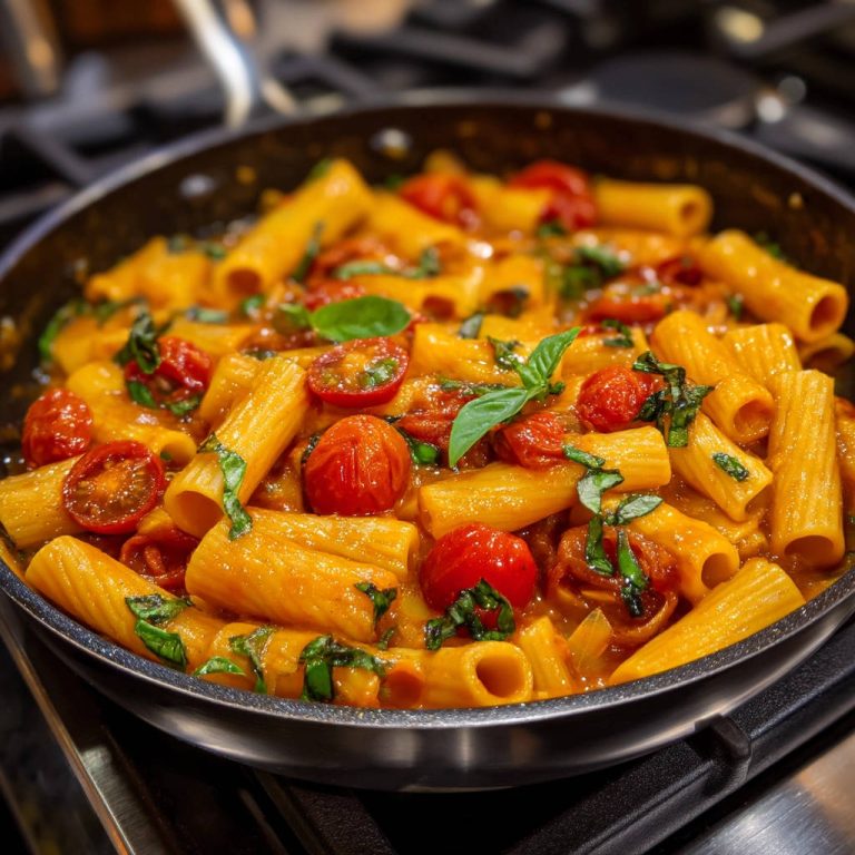 Cremige Tomatensoße Pasta mit Kirschtomaten in der Pfanne, nahaufnahme mit frischem Basilikum garniert.