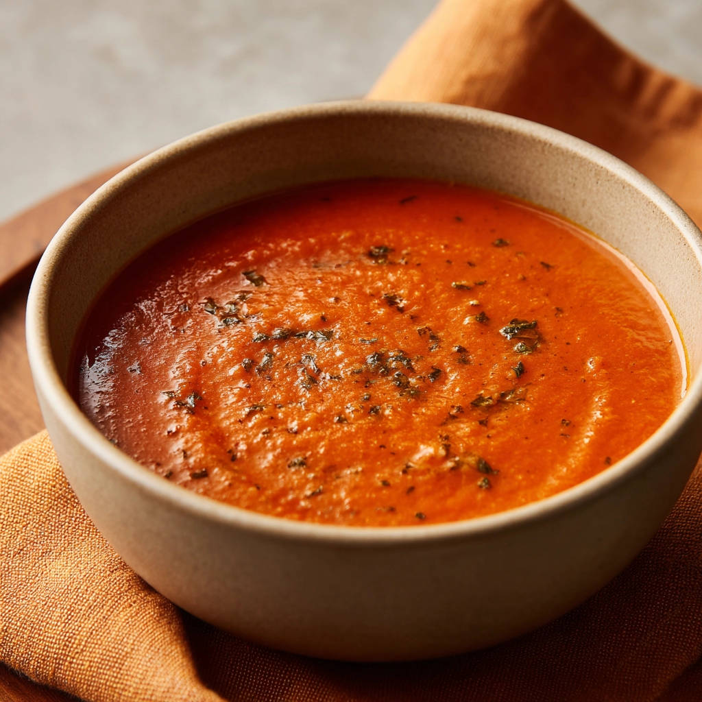 Cremige Tomatensuppe mit Kräutern garniert, eine Nahaufnahme der Textur und des frischen Toppings.