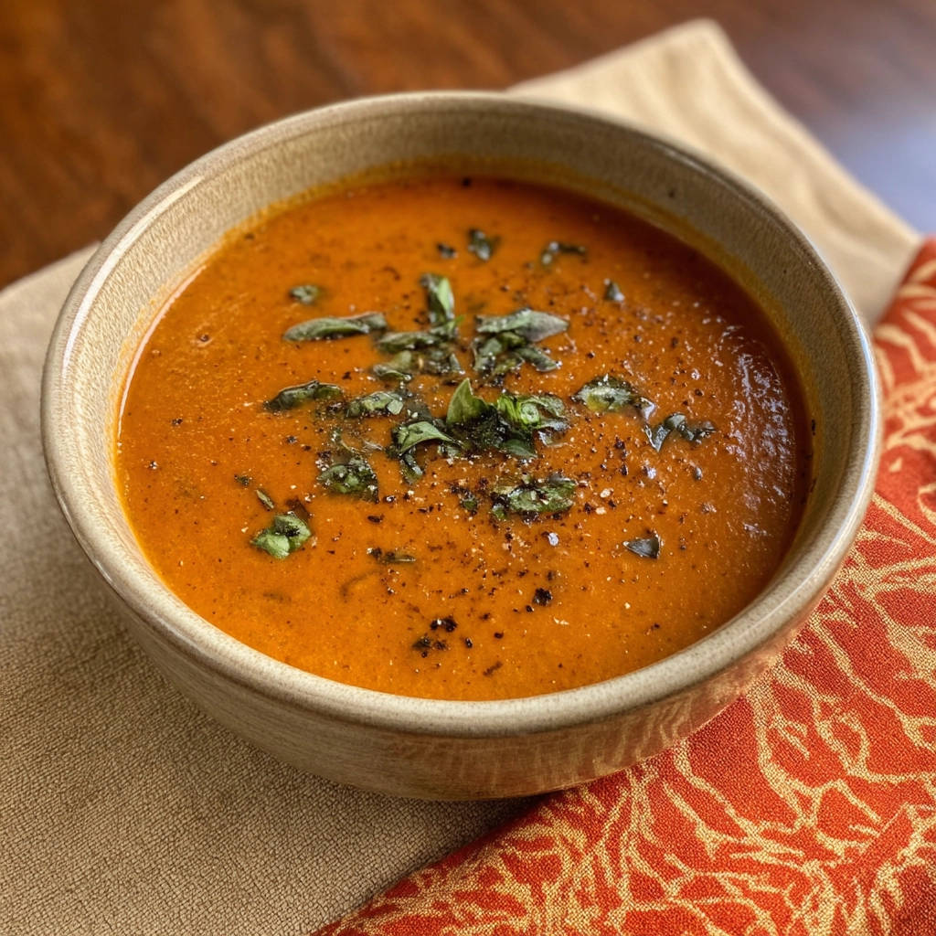 Cremige Tomatensuppe, garniert mit frischem Basilikum und schwarzem Pfeffer, in einer rustikalen Schüssel.