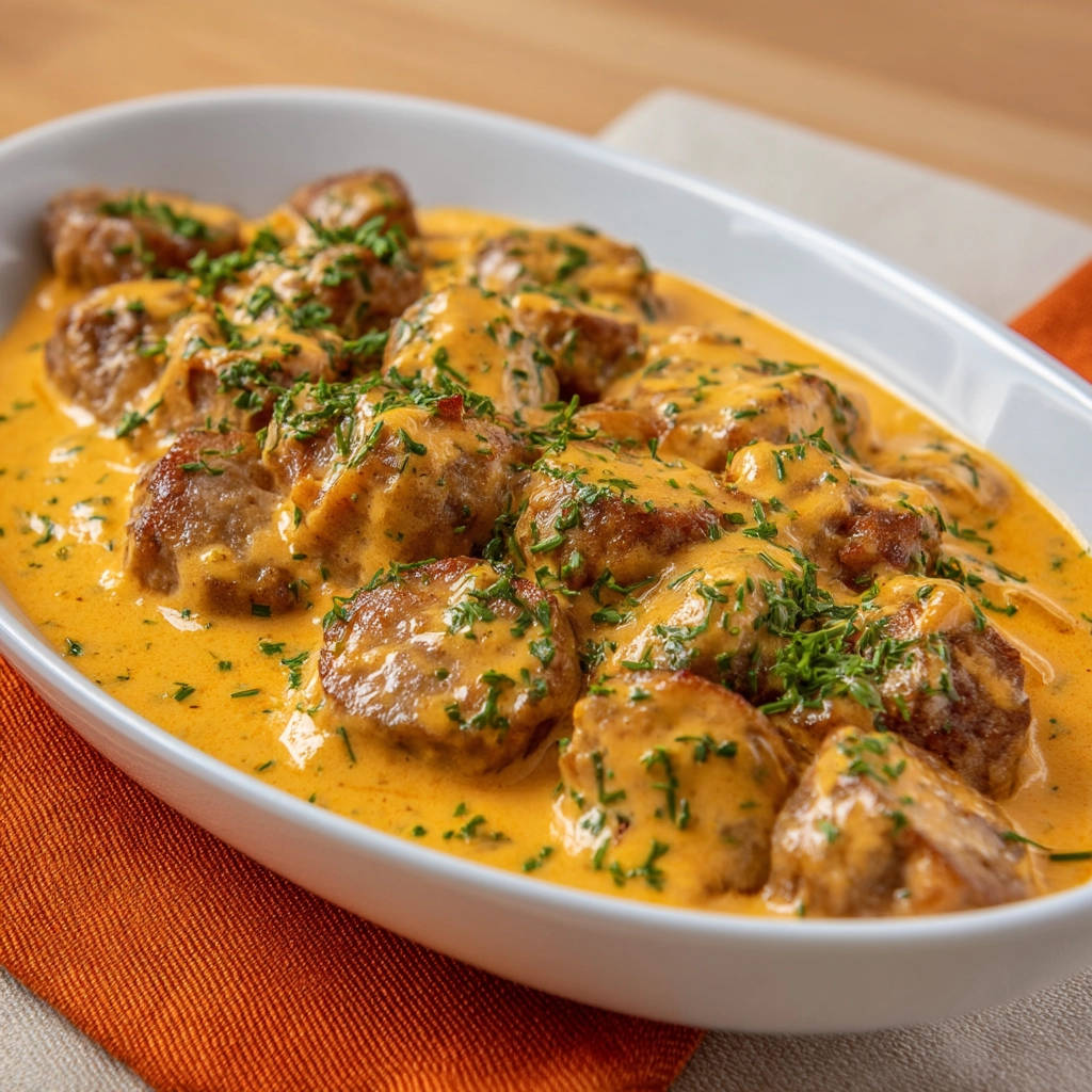 Cremige Würstchen-Pfanne mit frischer Petersilie garniert, serviert in einer weißen Schüssel auf einem orangen Tuch.