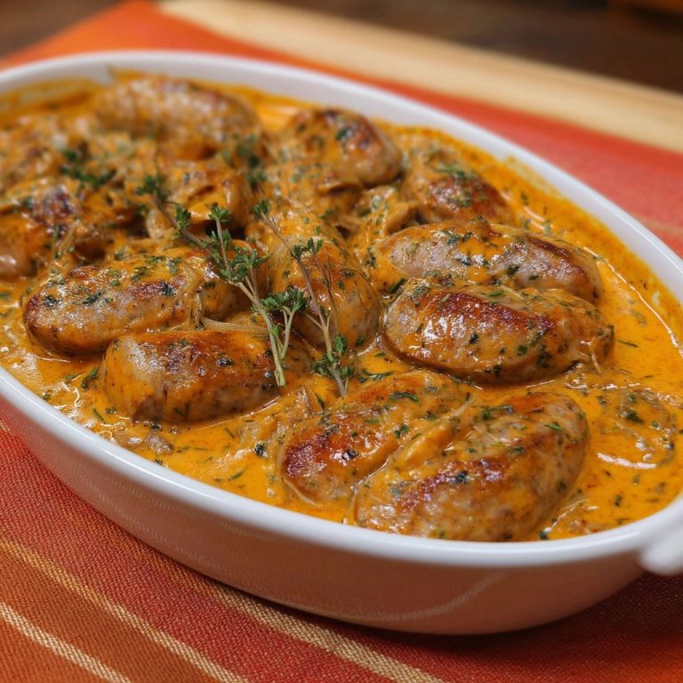 Cremige Würstchen-Pfanne nahaufnahme mit frischen Kräutern garniert, ein köstliches Gericht, das nie wieder trocken ist.