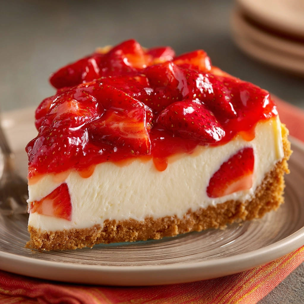 Cremiger Erdbeer-Käsekuchen im Anschnitt mit frischen Erdbeeren und Keksboden auf einem Teller.