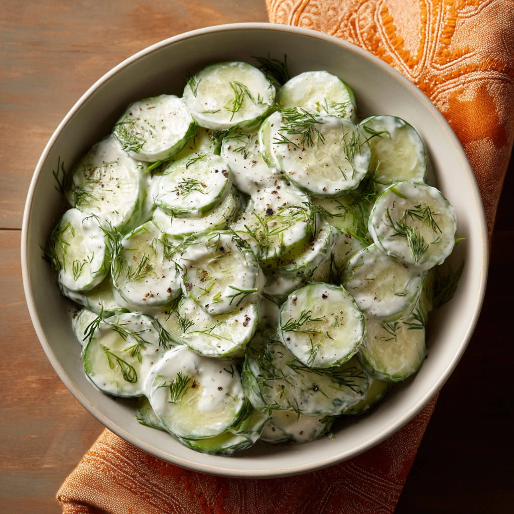 Cremiger Gurkensalat mit Dill in einer Schüssel von oben fotografiert, garniert mit frischem Dill und schwarzem Pfeffer.